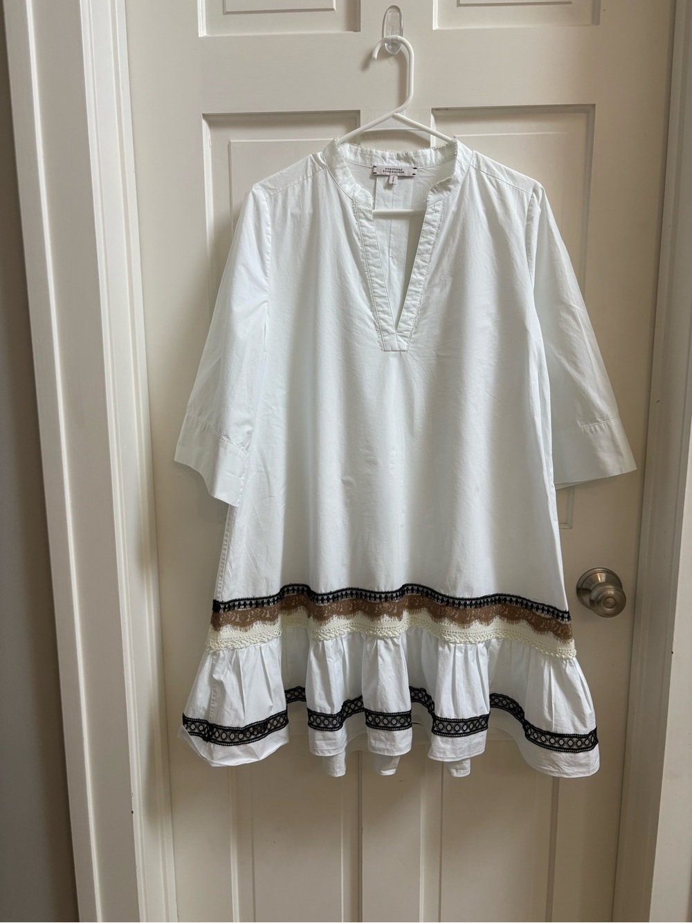 White Tiered V-Neck Tunic Dress with Trim